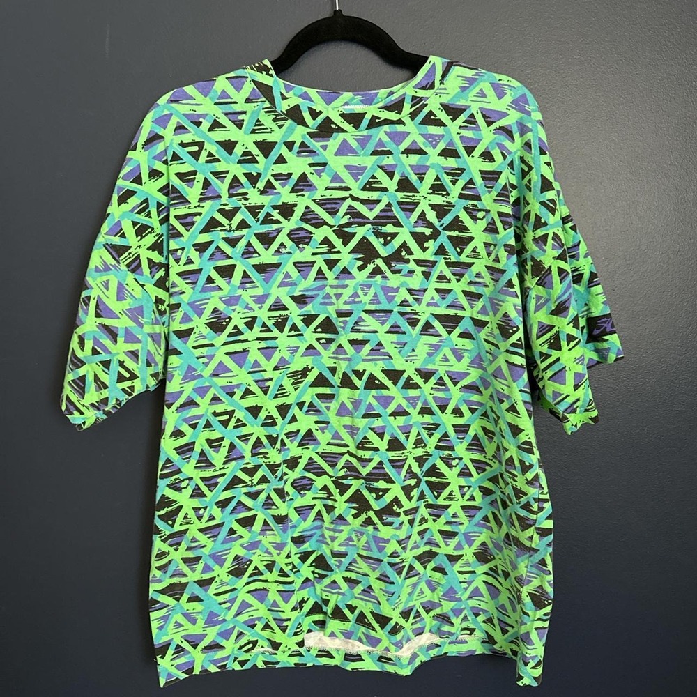 Vintage 1980s HOBIE Neon Green Blue Geometric Abstract T-Shirt Mens Medium USA